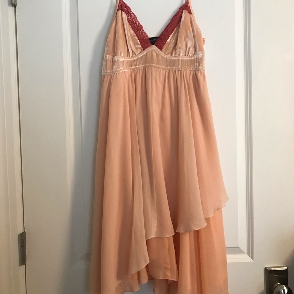 BEBE Coral Velvet Asymmetrical Dress